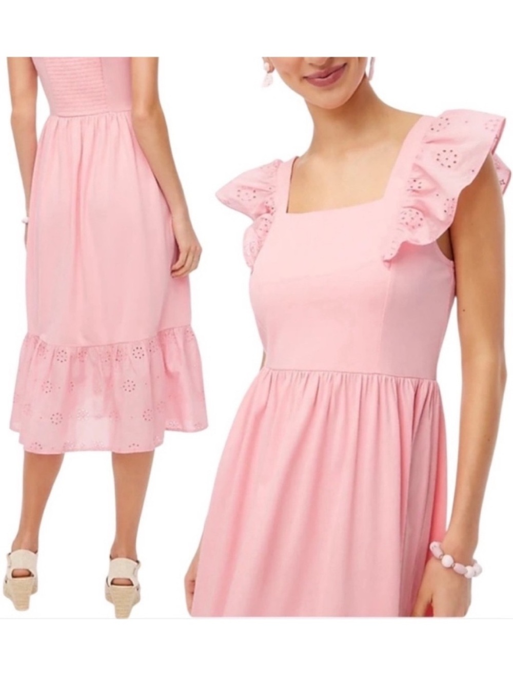 J.Crew Pink Eyelet Smocked Midi Dress Ruffle Sleeve Cottagecore NWT Size Large